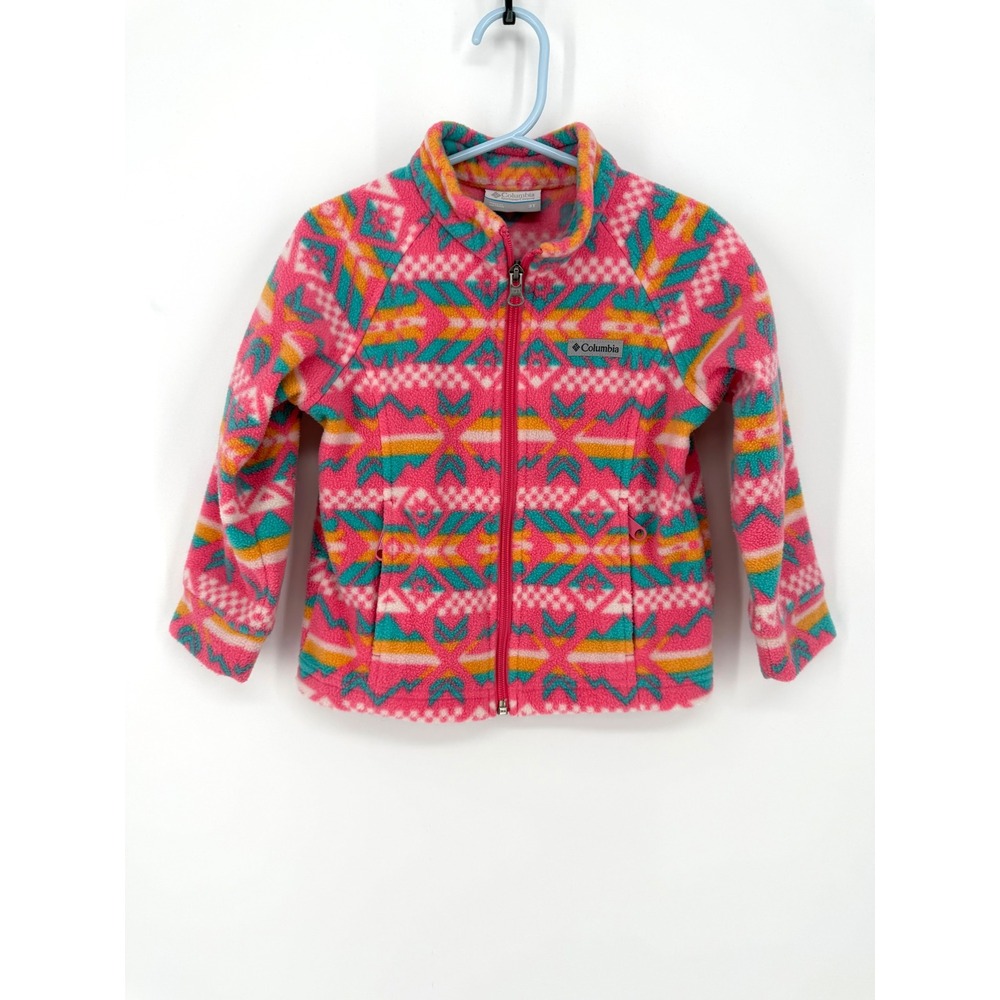 Columbia Girls 3T Pink Aztec Fleece Jacket Full Zip Geometric Outdoor Layering